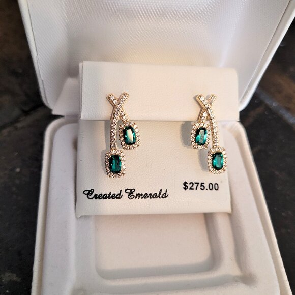 18k Gold Over 925 Silver Emerald & White Sapphire Drop Earrings - Picture 2 of 9